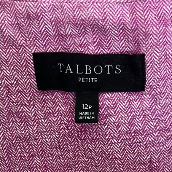 Talbots Pink Linen Blazer size 12P lined One button closure herringbone pattern - Picture 3 of 13